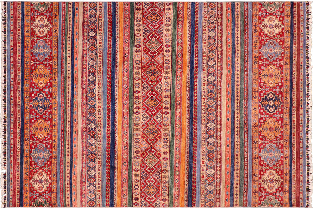 handmade Geometric Kurjean Blue Red Hand Knotted RECTANGLE 100% WOOL area rug 6x8