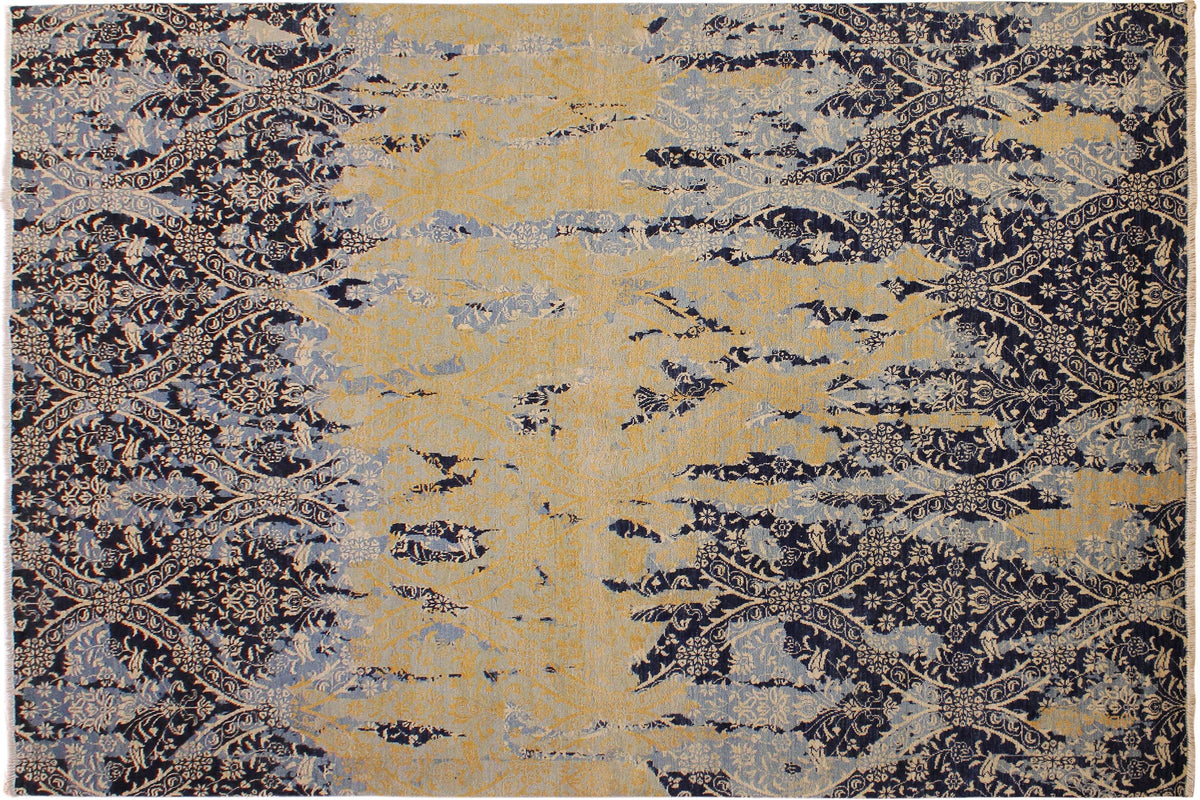 10x14 hand knotted modern wool rug in blue and ivory - Chic Celina