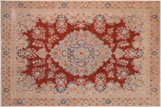 handmade Vintage Hand Painte Red Tan Hand Knotted RECTANGLE 100% WOOL area rug 10' x 14'