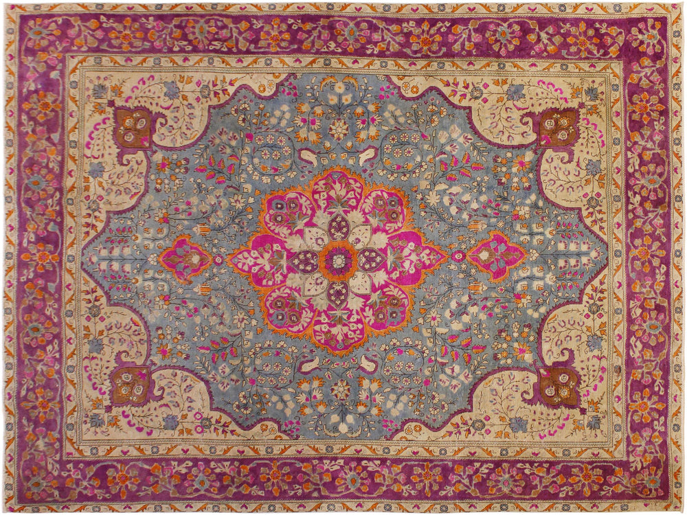handmade Vintage Hand Painte Gray Purple Hand Knotted RECTANGLE 100% WOOL area rug 9' x 12'