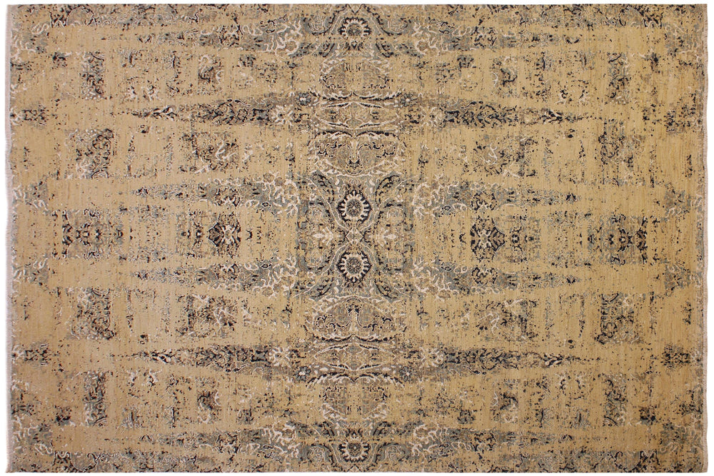handmade Modern Kafkaz Tan Blue Hand Knotted RECTANGLE WOOL&SILK area rug 10' x 14'