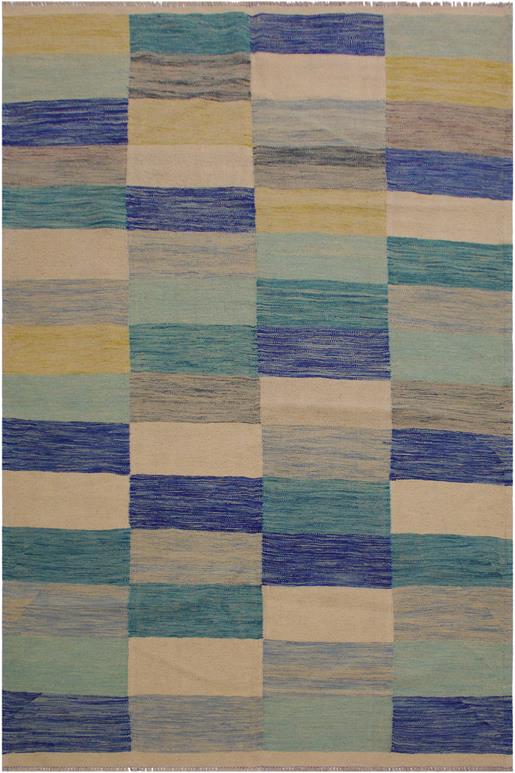 Flat Weave Kilim Antique Navaho Vintage handmade Modern Kilim Ivory Blue Hand-Woven Rectangle 100% Wool Area Rug 5x8