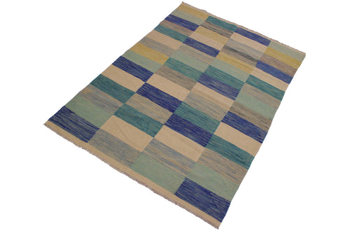 handmade Modern Kilim Ivory Blue Hand-Woven RECTANGLE 100% WOOL area rug 5x8