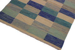 Flat Weave Kilim Antique Navaho Vintage handmade Modern Kilim Ivory Blue Hand-Woven Rectangle 100% Wool Area Rug 5x8