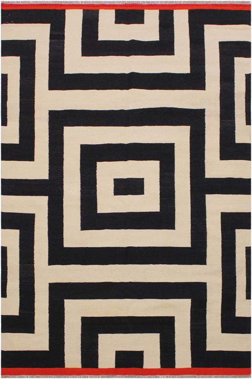 Flat Weave Kilim Antique Navaho Vintage handmade Modern Kilim Ivory Black Hand-Woven Rectangle 100% Wool Area Rug 5x8