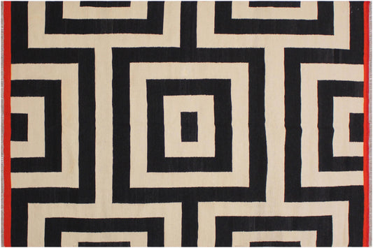 handmade Modern Kilim Ivory Black Hand-Woven RECTANGLE 100% WOOL area rug 5x8