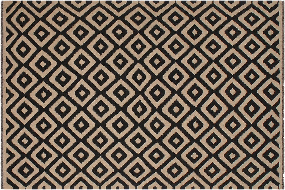 handmade Modern Kilim Beige Black Hand-Woven RECTANGLE 100% WOOL area rug 7' x 10'