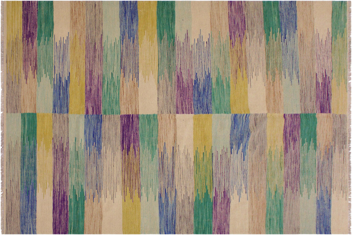 handmade Modern Kilim Ivory Purple Hand-Woven RECTANGLE 100% WOOL area rug 6x8