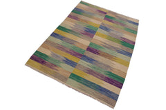 Flat Weave Kilim Antique Navaho Vintage handmade Modern Kilim Ivory Purple Hand-Woven Rectangle 100% Wool Area Rug 6x8