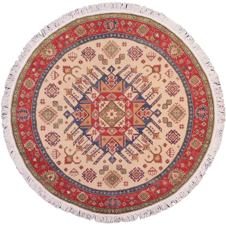 handmade Geometric Kazak Ivory Red Hand Knotted ROUND 100% WOOL area rug 6x6