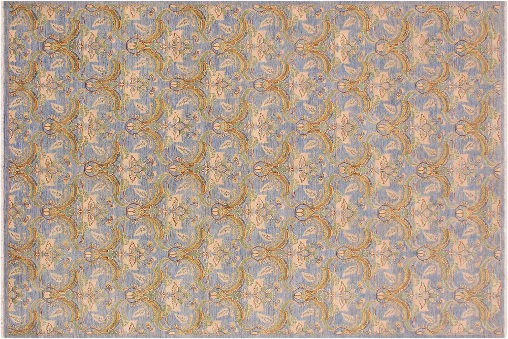 handmade Modern Kafkaz Blue Gold Hand Knotted RECTANGLE 100% WOOL area rug 9' x 12'