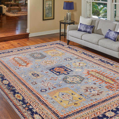 handmade Geometric Kafkaz Lt. Blue Tan Hand Knotted RECTANGLE 100% WOOL area rug 9' x 12'