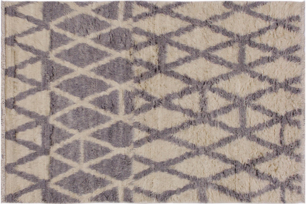 handmade Geometric Moroccan Ivory Grey Hand Knotted RECTANGLE 100% WOOL area rug 4' x 6'
