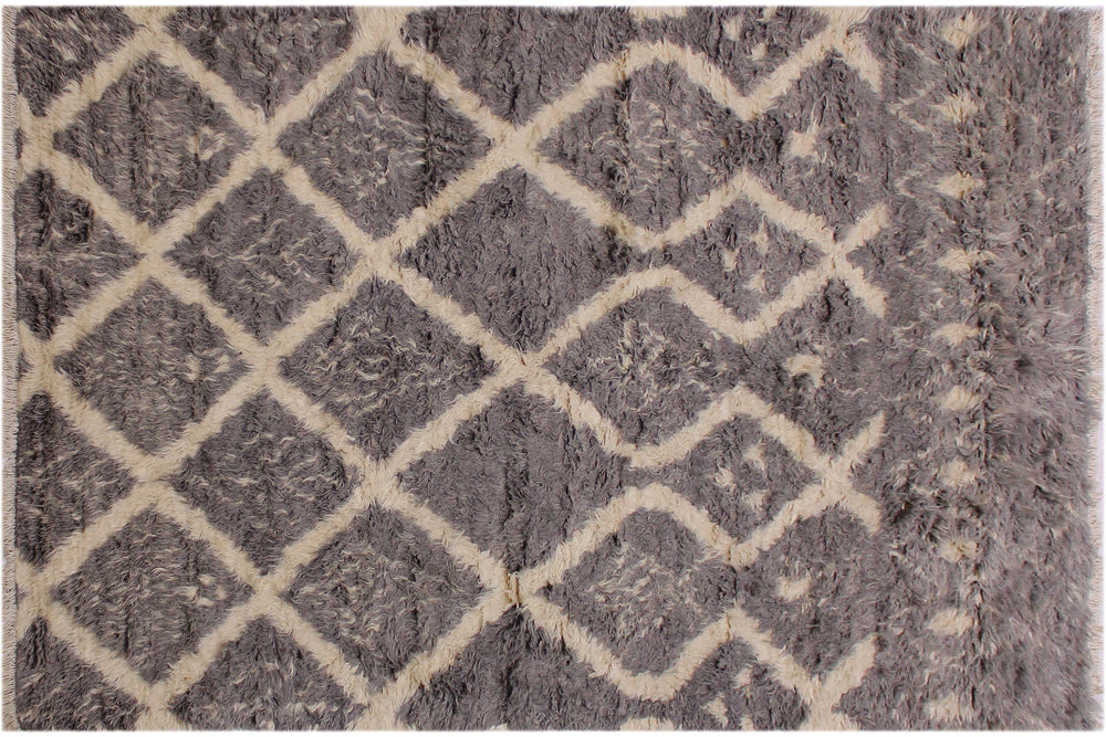 handmade Geometric Moroccan Grey Ivory Hand Knotted RECTANGLE 100% WOOL area rug 5' x 8'