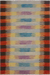 Flat Weave Kilim Antique Navaho Vintage handmade Modern Kilim Blue Rust Hand-Woven Rectangle 100% Wool Area Rug 8x10