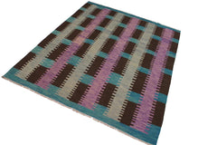 Flat Weave Kilim Antique Navaho Vintage handmade Modern Kilim Teal Brown Hand-Woven Rectangle 100% Wool Area Rug 9x10