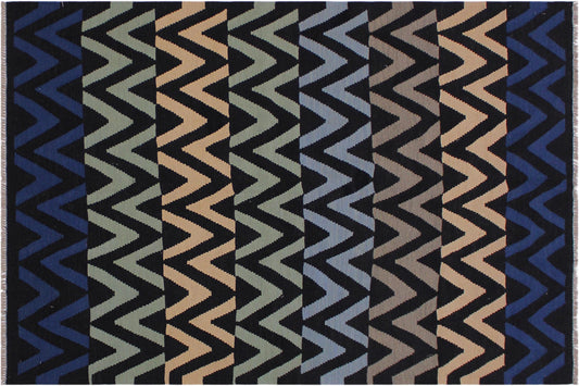 handmade Modern Kilim Black Blue Hand-Woven RECTANGLE 100% WOOL area rug 5x7