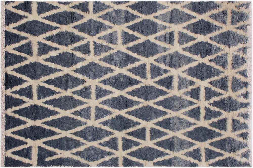 handmade Geometric Moroccan Grey Ivory Hand Knotted RECTANGLE 100% WOOL area rug 5' x 8'