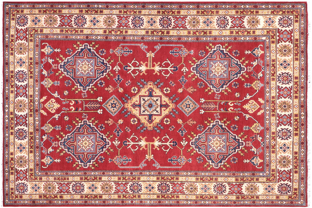 handmade Geometric Kazak Red Beige Hand Knotted RECTANGLE 100% WOOL area rug 6'X8'
