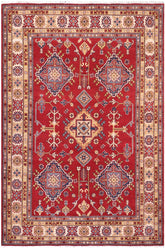 handmade Geometric Kazak Red Beige Hand Knotted RECTANGLE 100% WOOL area rug 6' x 8'