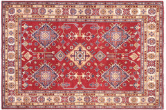 handmade Geometric Kazak Red Beige Hand Knotted RECTANGLE 100% WOOL area rug 6'X8'