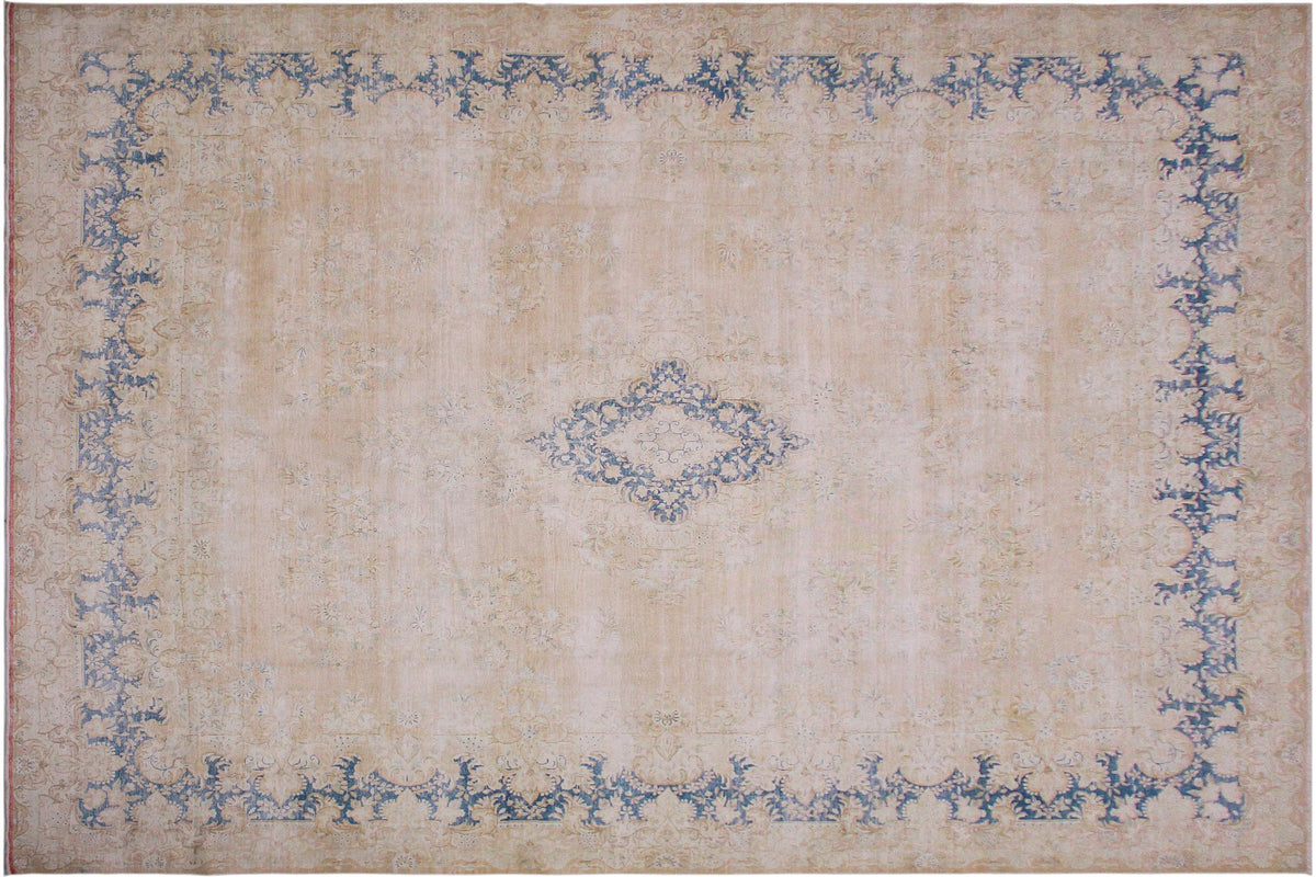 10x13 hand knotted vintage style Persian design wool rug in brown and blue - Retro Persian Strong