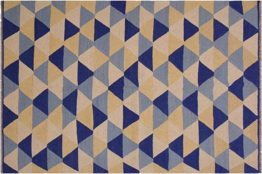 handmade Modern Kilim Ivory Blue Hand-Woven RECTANGLE 100% WOOL area rug 5x7