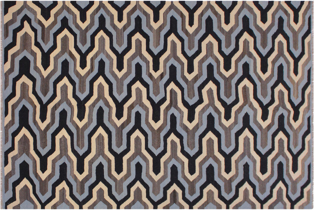 handmade Modern Kilim Ivory Blue Hand-Woven RECTANGLE 100% WOOL area rug 6x8