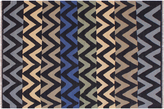 handmade Modern Kilim Black Ivory Hand-Woven RECTANGLE 100% WOOL area rug 5x7