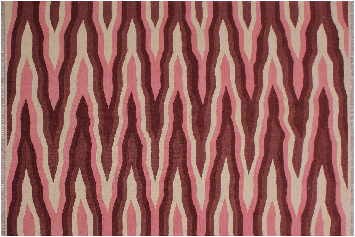 handmade Modern Kilim Ivory Pink Hand-Woven RECTANGLE 100% WOOL area rug 4x6
