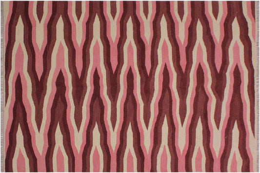 handmade Modern Kilim Ivory Pink Hand-Woven RECTANGLE 100% WOOL area rug 4x6