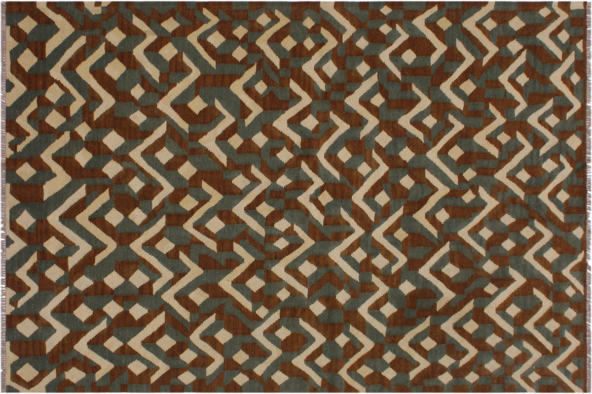 5x7 hand woven Turkish Modern Kilim wool rug in brown and ivory - Turkish Chic Swisher