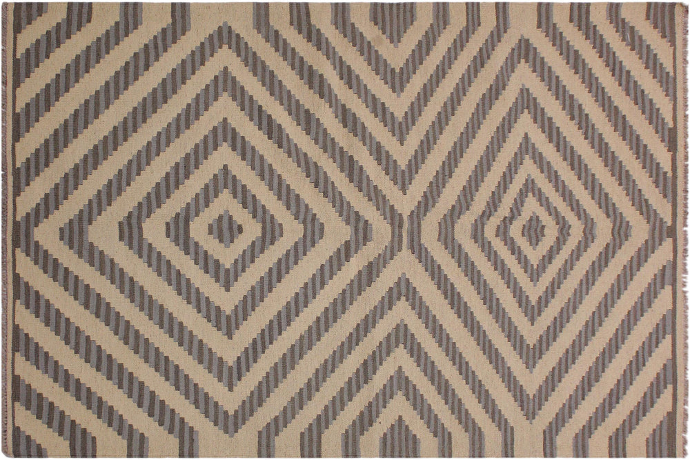 handmade Modern Kilim Ivory Grey Hand-Woven RECTANGLE 100% WOOL area rug 4' x 6'