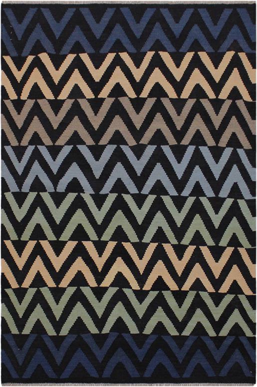 Flat Weave Kilim Antique Navaho Vintage handmade Modern Kilim Black Blue Hand-Woven Rectangle 100% Wool Area Rug 4x6