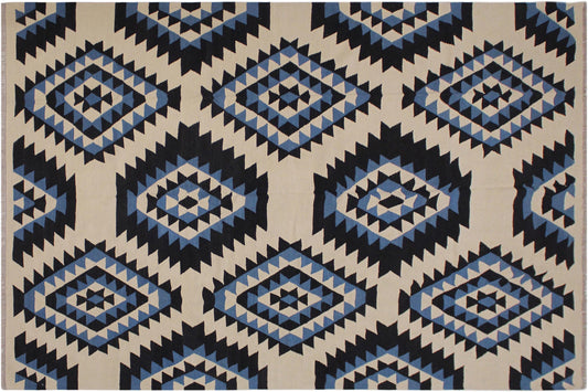 handmade Modern Kilim Ivory Black Hand-Woven RECTANGLE 100% WOOL area rug 8x10