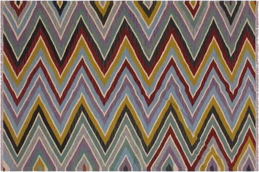 handmade Modern Kilim Lt. Blue Red Hand-Woven RECTANGLE 100% WOOL area rug 5x7