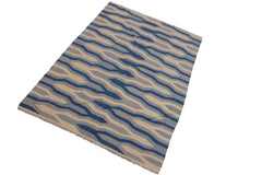 Flat Weave Kilim Antique Navaho Vintage handmade Modern Kilim Ivory Blue Hand-Woven Rectangle 100% Wool Area Rug 5x7