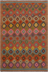 Flat Weave Kilim Antique Navaho Vintage handmade Modern Kilim Brown Pink Hand-Woven Rectangle 100% Wool Area Rug 5x6