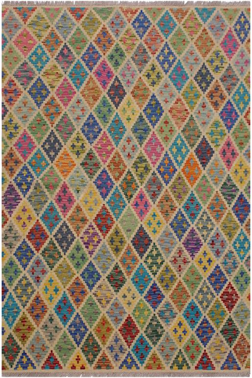 Flat Weave Kilim Antique Navaho Vintage handmade Modern Kilim Ivory Blue Hand-Woven Rectangle 100% Wool Area Rug 5x7