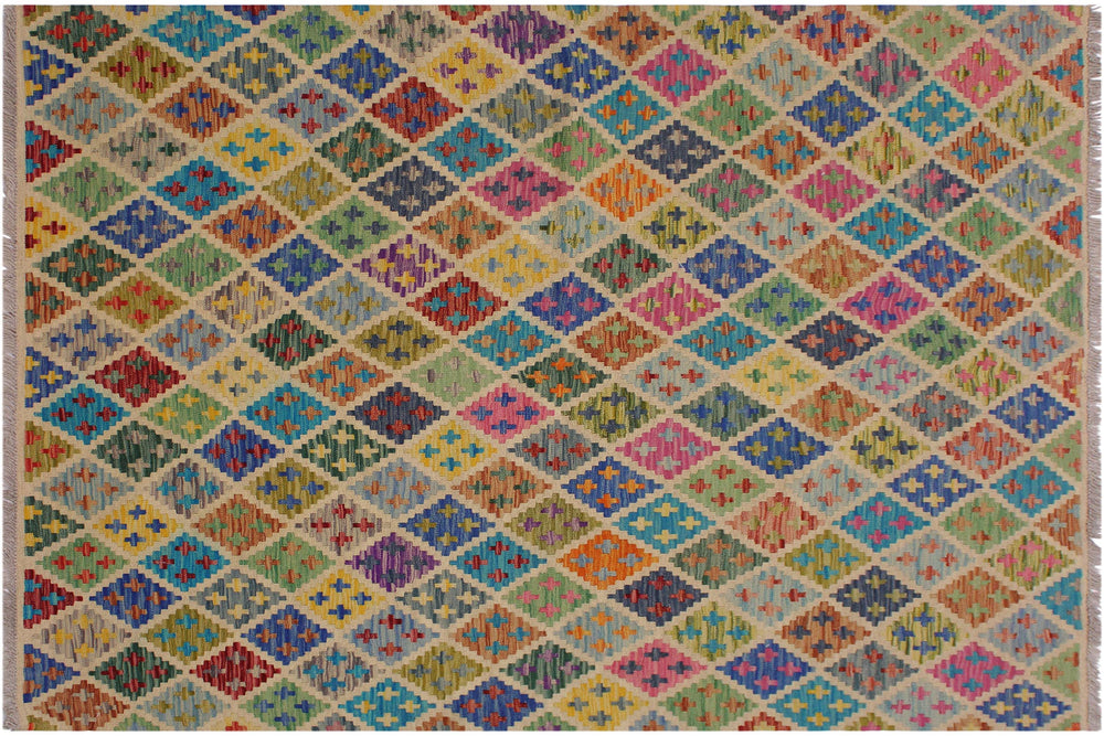 handmade Geometric Kilim Ivory Blue Hand-Woven RECTANGLE 100% WOOL area rug 5 x 7