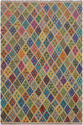 Flat Weave Kilim Antique Navaho Vintage handmade Modern Kilim Ivory Blue Hand-Woven Rectangle 100% Wool Area Rug 5x7