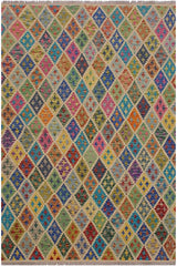 Flat Weave Kilim Antique Navaho Vintage handmade Modern Kilim Ivory Blue Hand-Woven Rectangle 100% Wool Area Rug 5x7