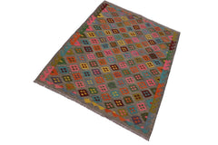 Flat Weave Kilim Antique Navaho Vintage handmade Modern Kilim Grey Pink Hand-Woven Rectangle 100% Wool Area Rug 5x7
