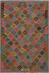 Flat Weave Kilim Antique Navaho Vintage handmade Modern Kilim Grey Pink Hand-Woven Rectangle 100% Wool Area Rug 5x7