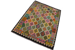 Flat Weave Kilim Antique Navaho Vintage handmade Geometric Kilim Black Ivory Hand-Woven Rectangle 100% Wool Area Rug 6x8