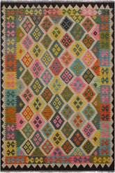 Flat Weave Kilim Antique Navaho Vintage handmade Geometric Kilim Black Ivory Hand-Woven Rectangle 100% Wool Area Rug 6x8