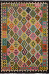 Flat Weave Kilim Antique Navaho Vintage handmade Geometric Kilim Black Ivory Hand-Woven Rectangle 100% Wool Area Rug 6x8