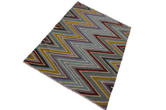 Flat Weave Kilim Antique Navaho Vintage handmade Modern Kilim Grey Red Hand-Woven Rectangle 100% Wool Area Rug 5x7