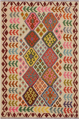 Flat Weave Kilim Antique Navaho Vintage handmade Geometric Kilim Ivory Red Hand-Woven Rectangle 100% Wool Area Rug 6x8