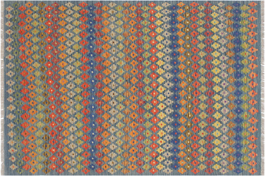 handmade Modern Kilim Blue Rust Hand-Woven RECTANGLE 100% WOOL area rug 5x7